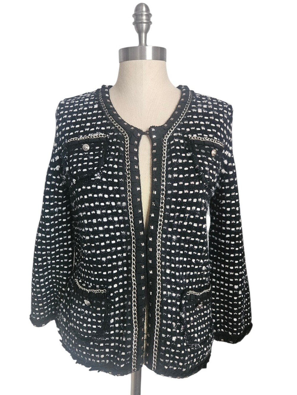 WHITE HOUSE BLACK MARKET Tweed Chain-Trim Cardigan Jacket Black & White | SZ M - Picture 2 of 13